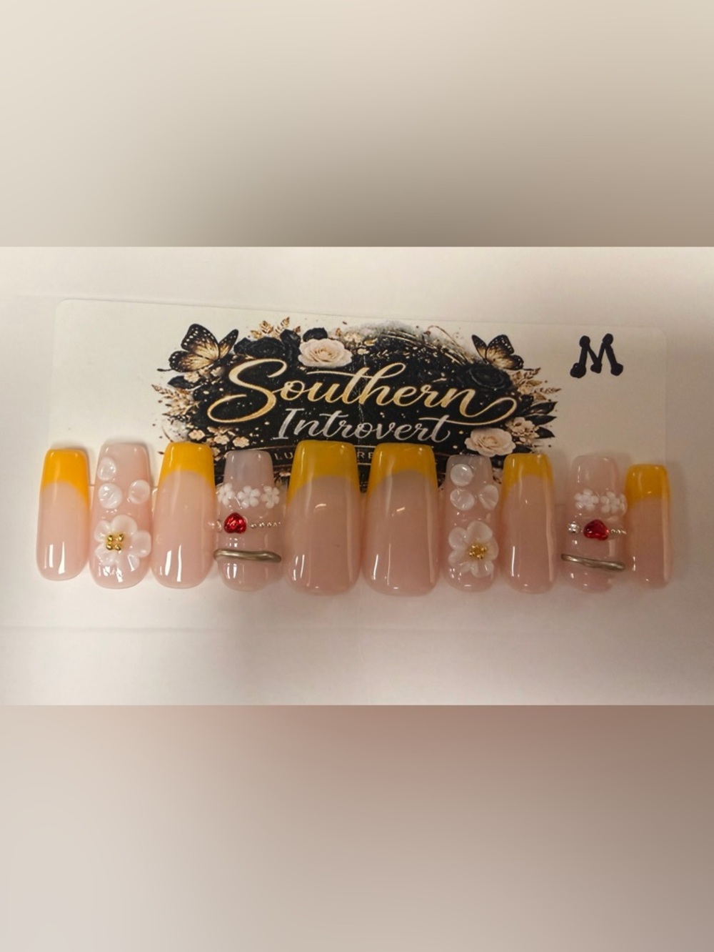 Southern Introvert Yellow French Tip Press-On Nails with 3D Floral Accents